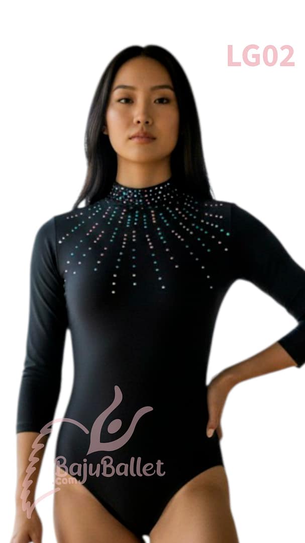 LG02 Leotard Gymnastics Lengan Panjang Warna Hitam